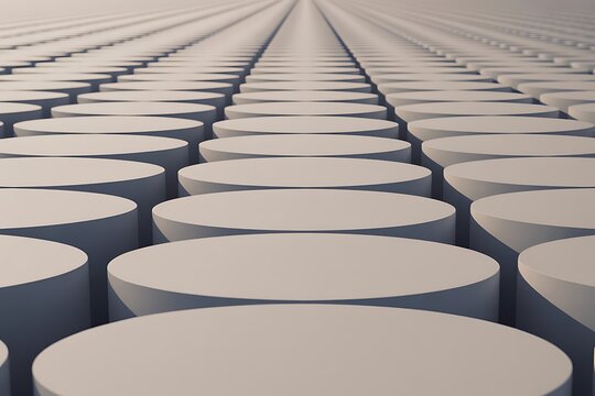 Rows of grey round platforms creating a geometric pattern with infinite perspective
