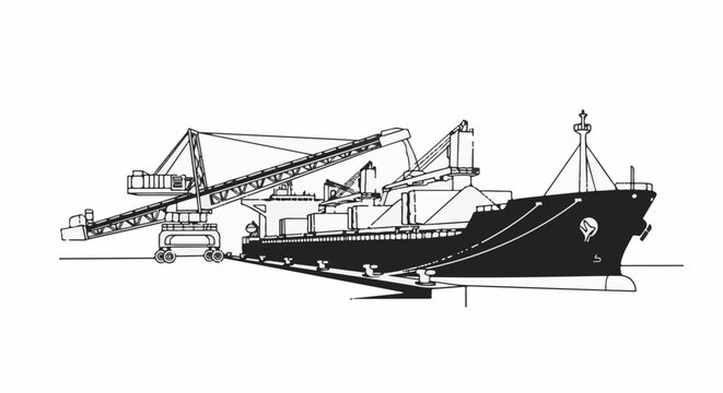 Large cargo ship docked, being loaded by a conveyor belt system
