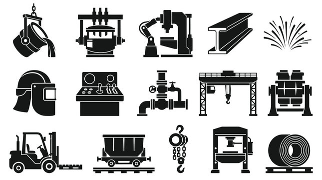 Steel Industry Metal Manufacturing Foundry Equipment Tools Glyph Icons Set