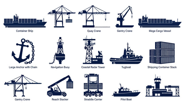 Maritime Industry Icons: Ships, Cranes, Boats, Anchor, Containers, Radar, Buoy, Tugboat, Pilot Boat