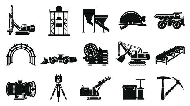 Mining Industry Glyph Icons Set. Heavy Equipment, Machinery  Tools Silhouettes
