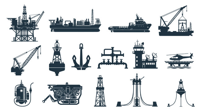 Offshore oil rig, vessel, crane, anchor, buoy, helicopter, ROV icons