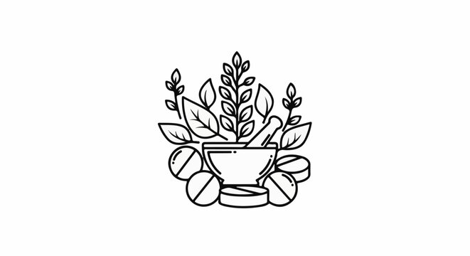 Herbal medicine symbol with mortar, pestle, pills, and leaves