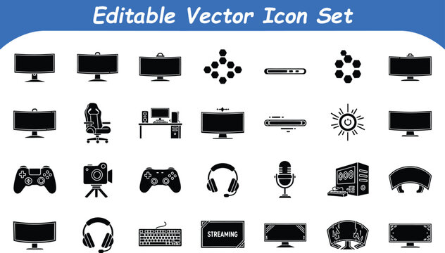 Editable vector icon set of gaming equipment monitors controllers and accessories with technology
