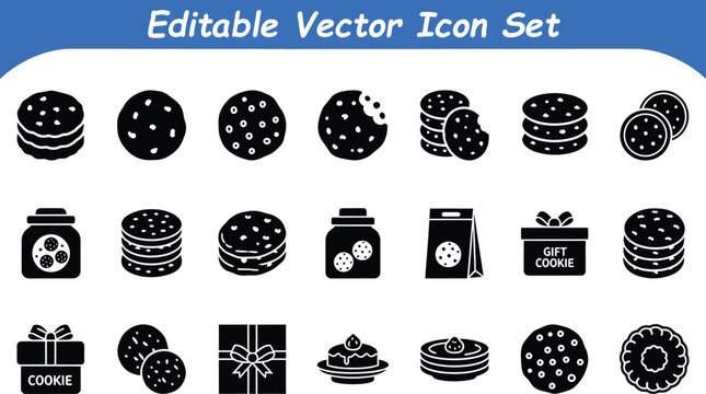 Editable vector icon set featuring cookies biscuits jars and sweet treats chocolate collection