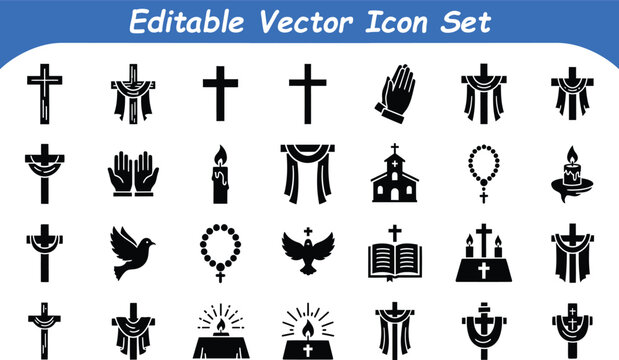 Editable vector icon set of religious and christian symbols crosses faith elements with religion
