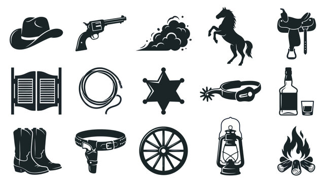 Cowboy Western Icons Set: Wild West Elements, Black and White Silhouette Glyphs