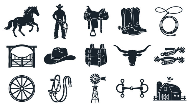 Western Cowboy Silhouettes: Horse, Saddle, Boots, Rope, Barn, Hat