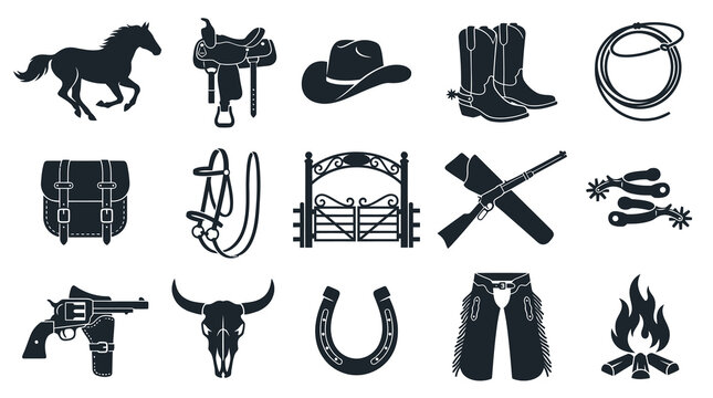 Western Cowboy Icons Set Glyph Style - Horse, Saddle, Boots, Hat, Lasso, Gun