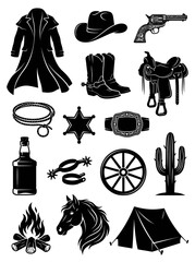 Obraz premium Wild West Cowboy Icons: Black and White Vector Set