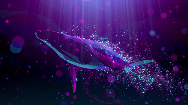 A mesmerizing seamless loop of a bioluminescent whale gliding through a cosmic ocean of glowing pfor VJ sets, high-tech club visuals,  electronic music festivals, stage screens and for LED video walls