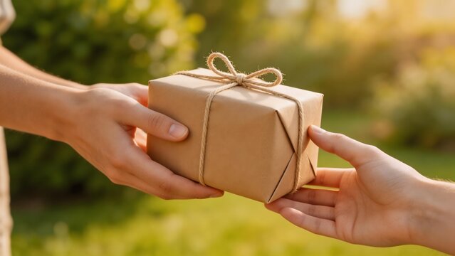 Hands exchanging wrapped gift outdoors