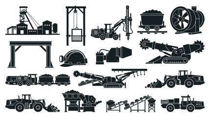 Fototapeta premium Black White Mining Equipment Icons - Industry, Machinery, Tools, Vector Art
