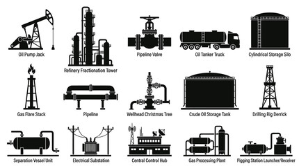 Obraz premium Oil and Gas Industry Icons Set - Petroleum Production Refinery Glyph Silhouettes
