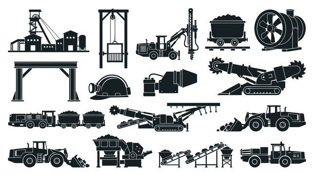 Black  White Mining Equipment Icons - Industry, Machinery, Tools, Vector Art