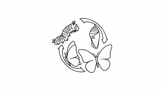 Life cycle of a butterfly, from caterpillar to pupa to winged insect