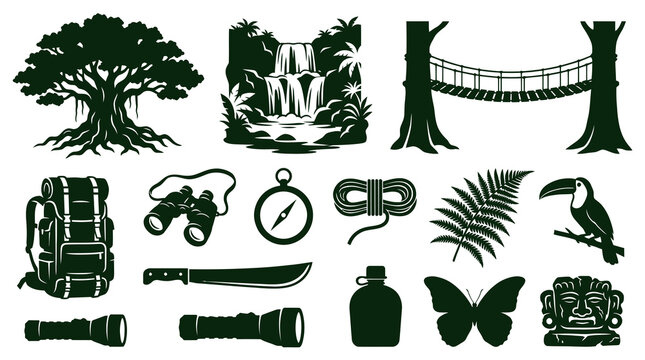 Jungle Adventure Icons: Backpack, Waterfall, Bridge, Toucan, Binoculars
