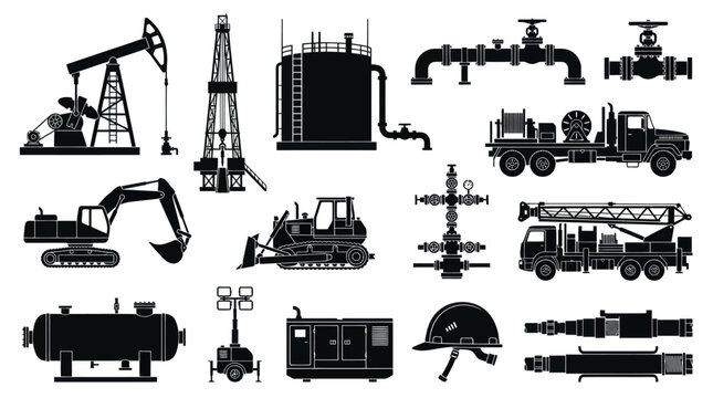 Black  White Oil and Gas Industry Equipment Vector Icons Set