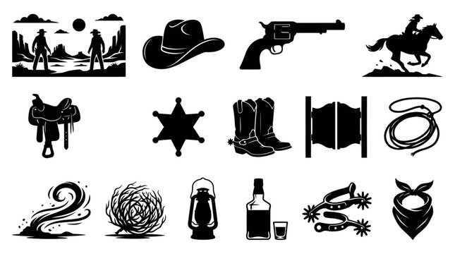 Western Cowboy Icons Silhouette Set - Wild West Elements, Glyphs, and Symbols
