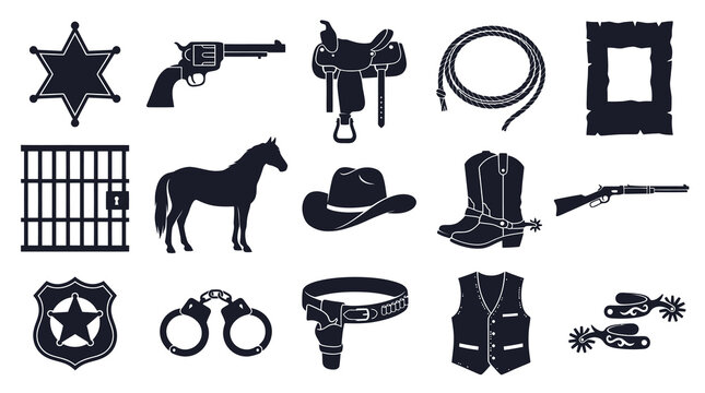 Western Cowboy Icons Set - Sheriff Badge, Gun, Horse, Boots, Lasso