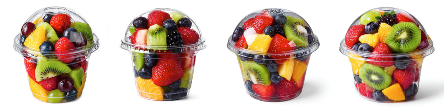 Fruit sets in clear containers on white background with various types of fruits displayed in cups