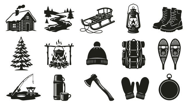 Winter Outdoor Camping Hiking Vector Icons Set - Black  White Glyph Elements Collection