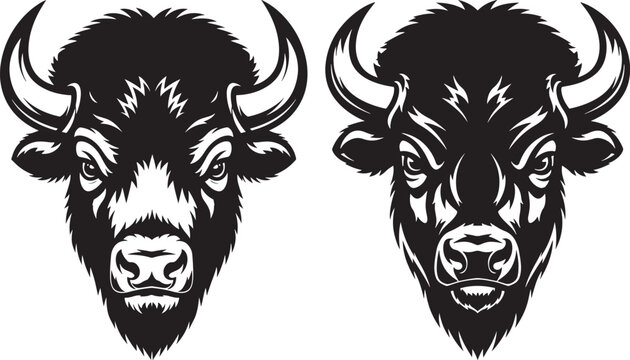 Two strong bison heads in black and white bold graphic style front view wild west wildlife powerful majestic american creature illustration isolated wilderness impressive dangerous