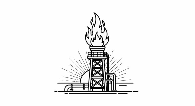 Industrial flare stack with rising sun and pipes