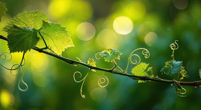 Close-up of a grape vine branch with delicate tendrils and green leaves.