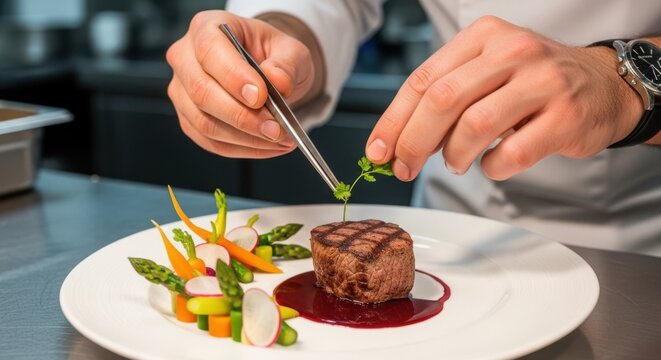 Skilled chef meticulously garnishes a perfectly cooked steak with fresh herbs using tweezers