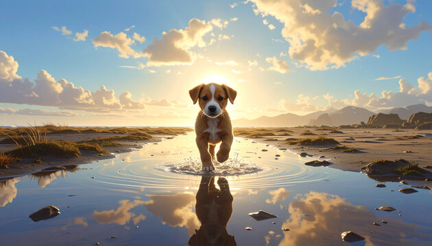 Dog running in water reflecting sunlight