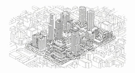 Obraz premium Hand-drawn isometric view of a dense, modern urban district with varied high-rise buildings