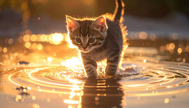 Kitten walking in shallow water outdoors