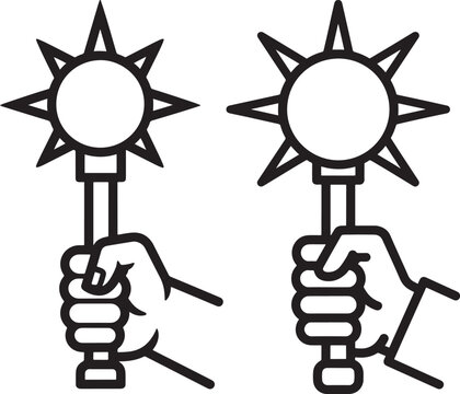 Two black and white line art illustrations of hands firmly gripping spiky maces depicting medieval weapon or symbol of power and strength isolated on a white background design element illustration