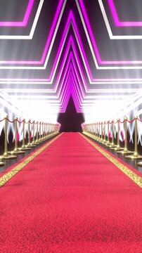 Red Carpet through Neon Star Tunnel and Flashing Lights - 3d 4k vertical animation (2160 x 3840px)