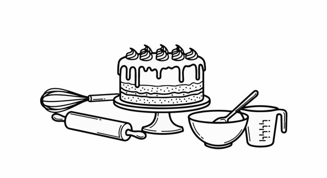 Line art illustration of a tiered cake with frosting, whisks, rolling pin, bowl, and measuring cup