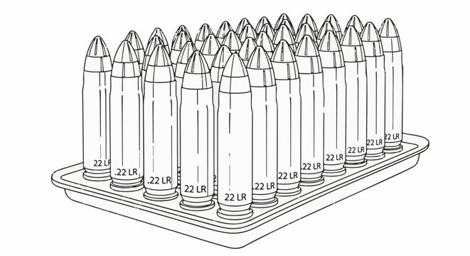 Line art illustration of a tray filled with many .22 LR cartridges
