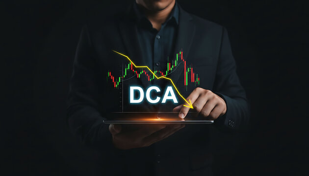 Business professional holding tablet showing DCA investment falling chart trends