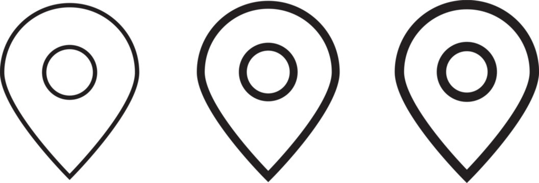 Three black outline icons depicting location pins with central oval shapes minimalist design