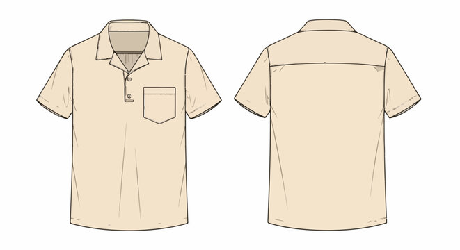 Flat sketch of a short-sleeved collared shirt with a chest pocket and button placket