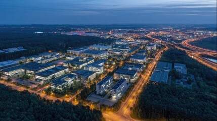 Fototapeta premium Aerial View of Industrial Park at Dusk with City Lights.