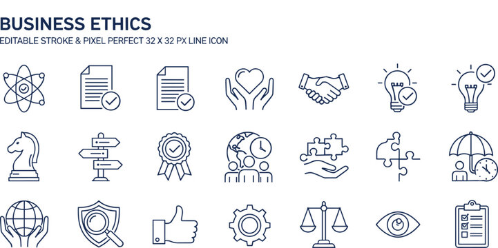 Business ethics icons, integrity symbols, trust concept, fairness illustration, corporate responsibility, editable stroke, vector design, professional principles