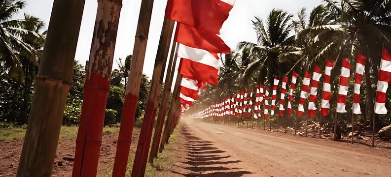 Indonesian Red and White Flags Lining Rural Dirt Road in Tropical Setting