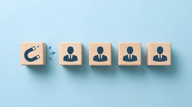 Magnetic force attracting talent recruitment icons on wooden square blocks.