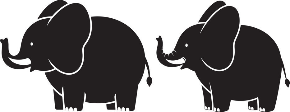 Two black elephant silhouettes adult and calf trunks raised and visible tusks side view simple graphic illustration with jungle animal elephant wildlife majestic silhouette illustration tropical