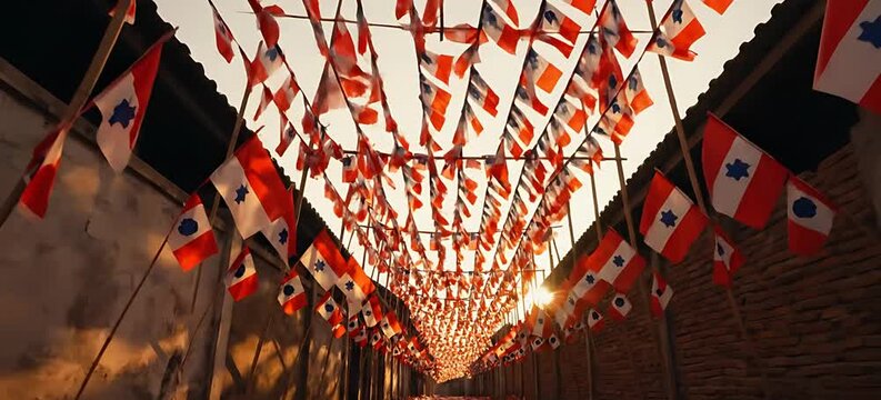 Festive Orange and White Flags Hanging in Narrow Alley at Sunset