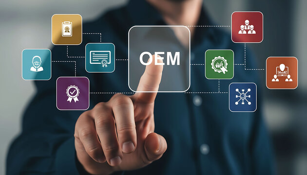 Business professional touching OEM digital interface network system technology concept