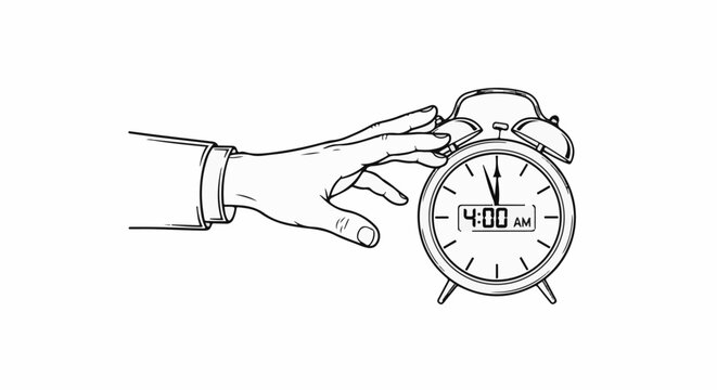 Hand turning off alarm clock showing 400 AM digital display