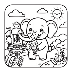 Fototapeta premium Elephant Making Ice Cream Coloring Page for Kids Cute Kawaii Fun Bold Line Art Design Page