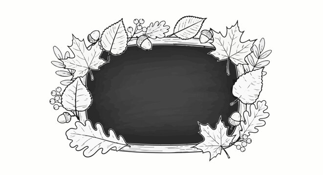 Hand-drawn autumn leaves and acorns frame a dark chalkboard blackboard